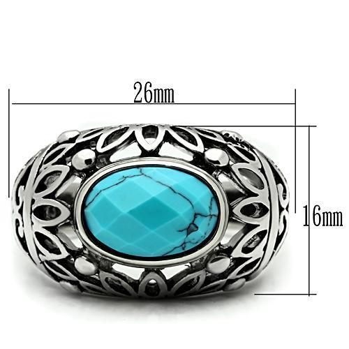 Men's stainless steel ring featuring synthetic turquoise in vibrant sea blue color, high polished finish for a sleek look.