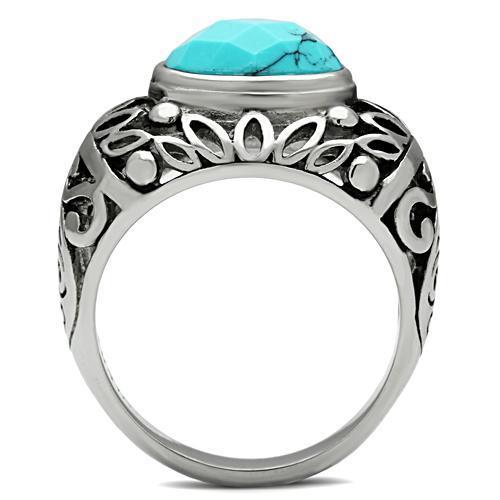 Men's stainless steel ring featuring synthetic turquoise in vibrant sea blue color, high polished finish for a sleek look.