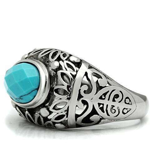 Men's stainless steel ring featuring synthetic turquoise in vibrant sea blue color, high polished finish for a sleek look.