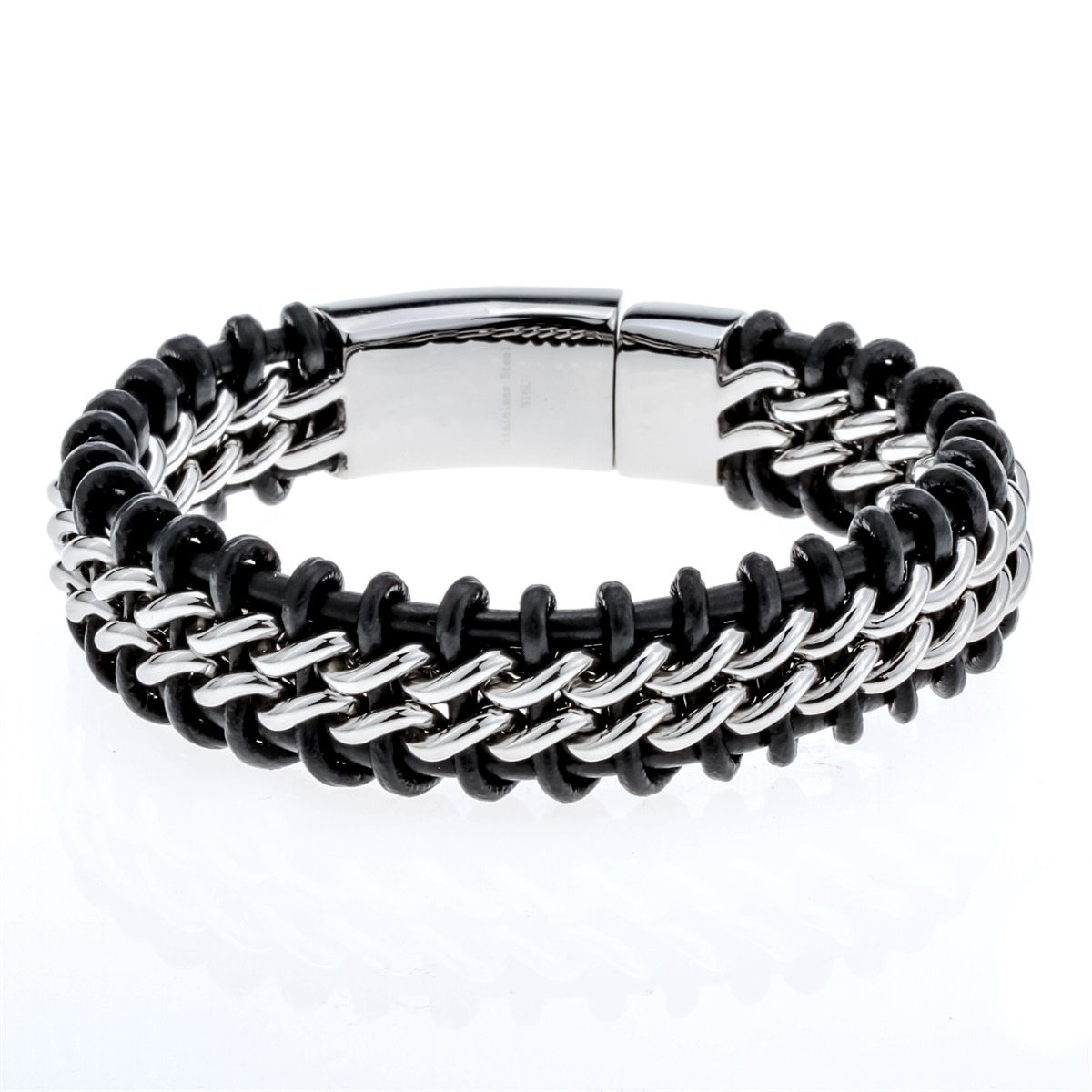 Mens black leather and stainless steel hiphop bracelet featuring gold and silver accents, showcasing a stylish skeleton pattern.