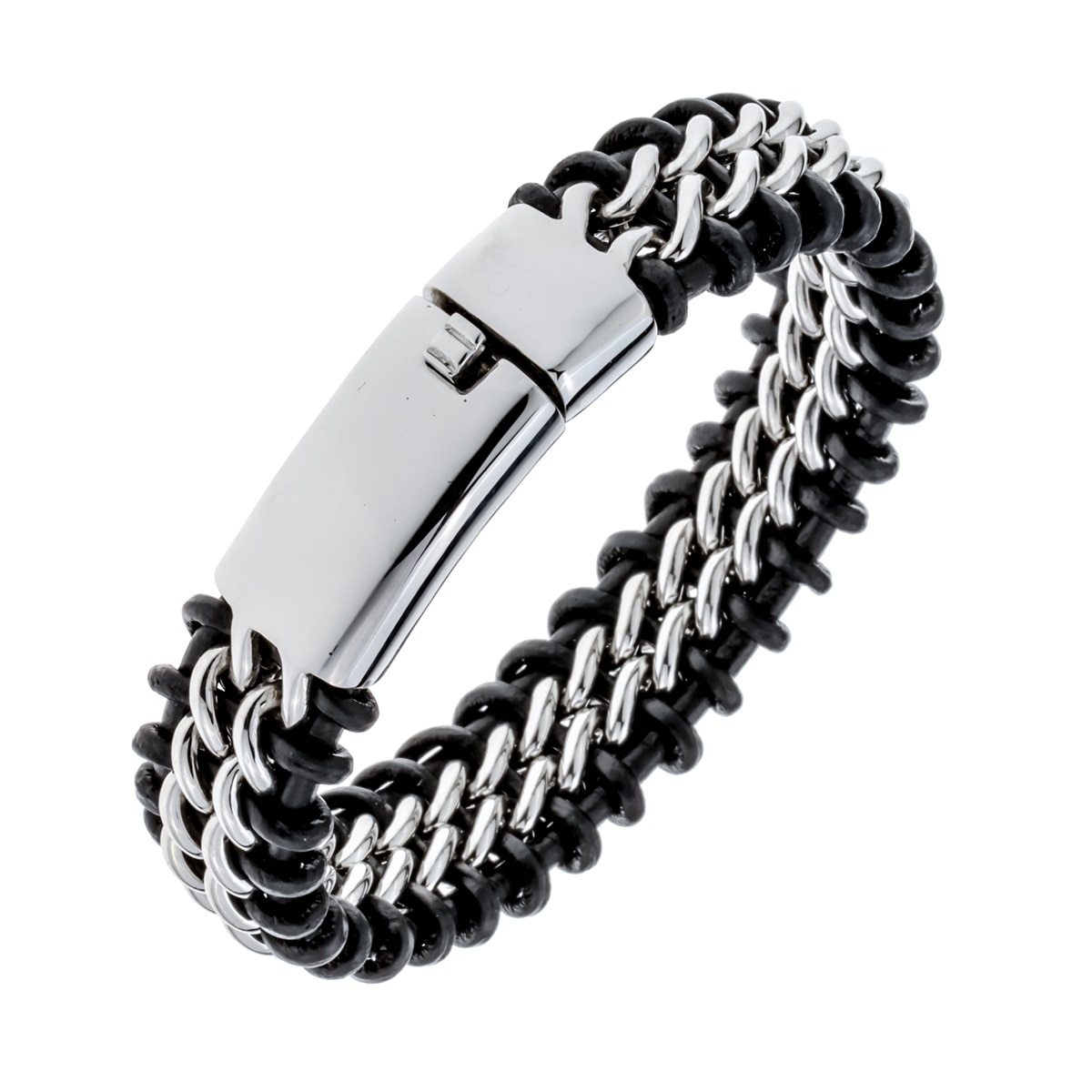 Mens black leather and stainless steel hiphop bracelet featuring gold and silver accents, showcasing a stylish skeleton pattern.