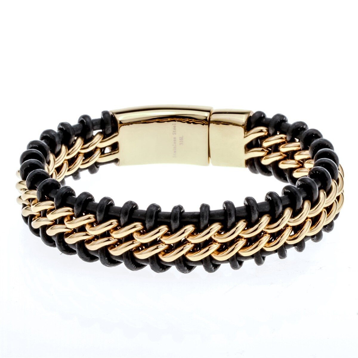 Mens black leather and stainless steel hiphop bracelet featuring gold and silver accents, showcasing a stylish skeleton pattern.