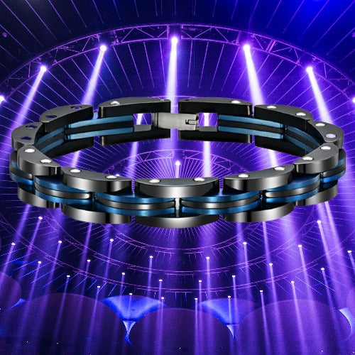 Men's Black and Blue Titanium Steel Bracelet showcasing its elegant design and durable material.