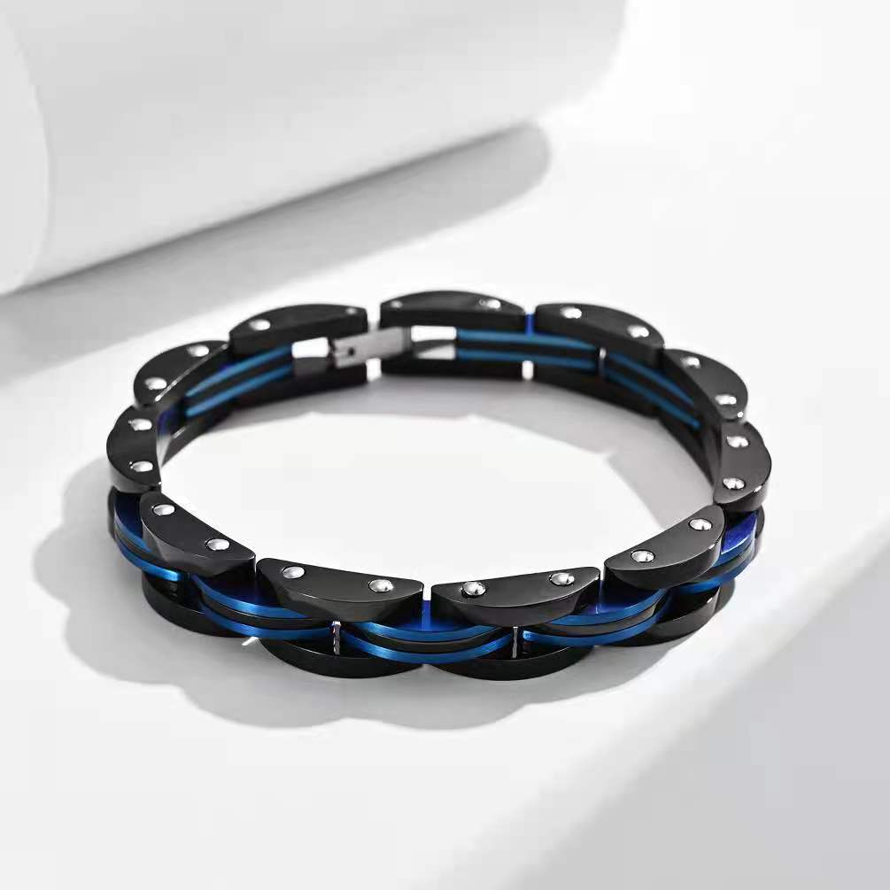 Men's Black and Blue Titanium Steel Bracelet showcasing its elegant design and durable material.