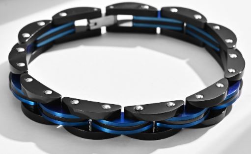 Men's Black and Blue Titanium Steel Bracelet showcasing its elegant design and durable material.