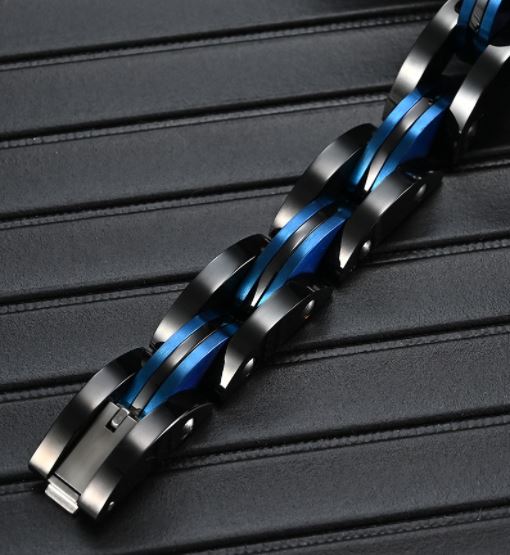 Men's Black and Blue Titanium Steel Bracelet showcasing its elegant design and durable material.