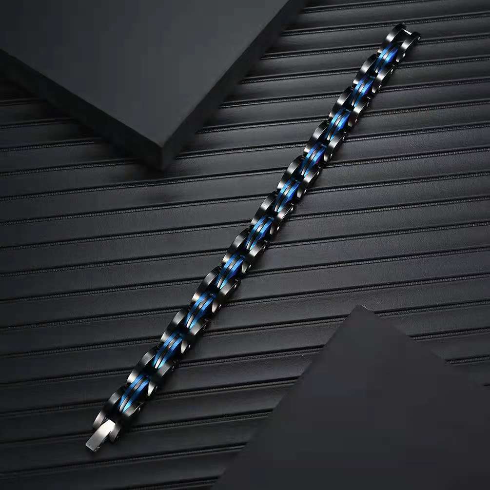 Men's Black and Blue Titanium Steel Bracelet showcasing its elegant design and durable material.