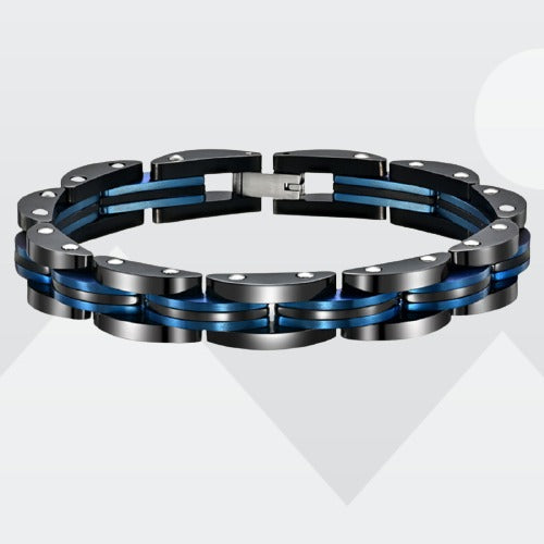 Men's Black and Blue Titanium Steel Bracelet showcasing its elegant design and durable material.