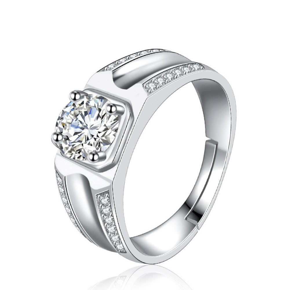 Men's engagement ring made of 925 sterling silver with white gold surface and white sapphire stone, showcasing elegance and durability.