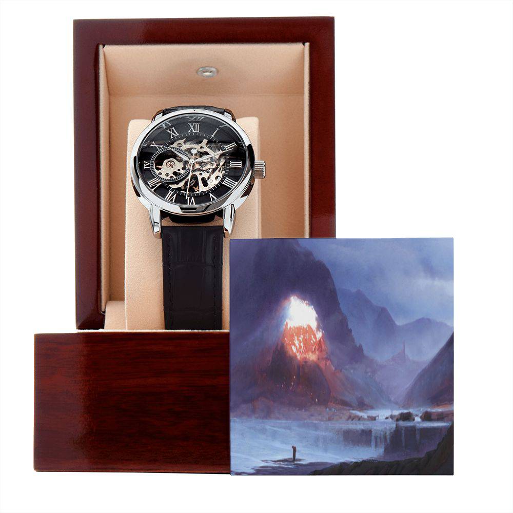 Men's Openwork Watch featuring a skeleton dial and genuine leather strap, elegantly displayed in a luxury mahogany box.