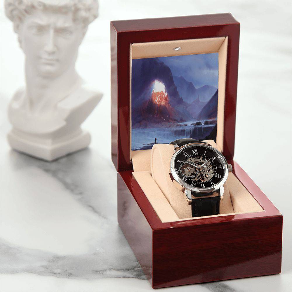 Men's Openwork Watch featuring a skeleton dial and genuine leather strap, elegantly displayed in a luxury mahogany box.