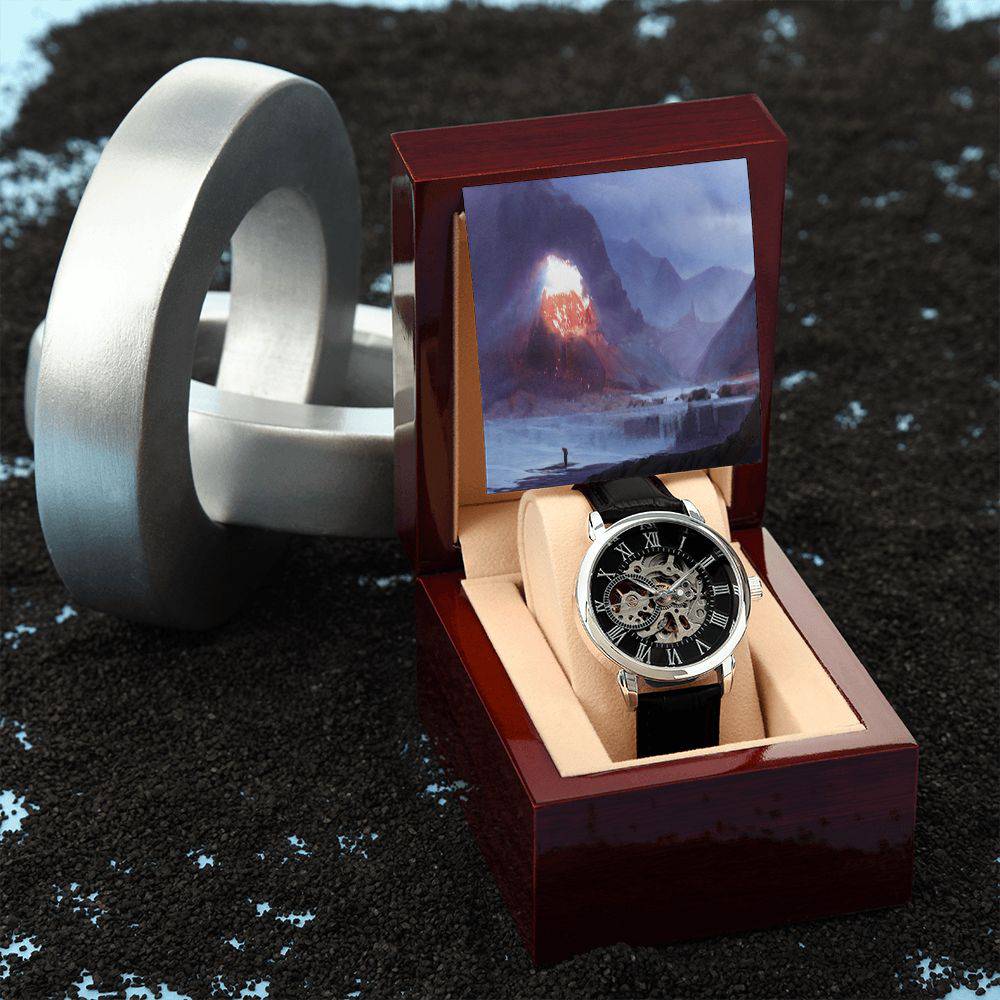 Men's Openwork Watch featuring a skeleton dial and genuine leather strap, elegantly displayed in a luxury mahogany box.