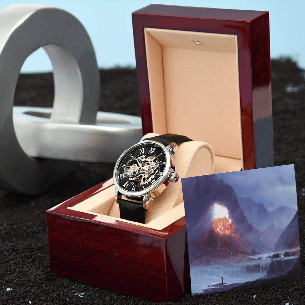 Men's Openwork Watch featuring a skeleton dial and genuine leather strap, elegantly displayed in a luxury mahogany box.