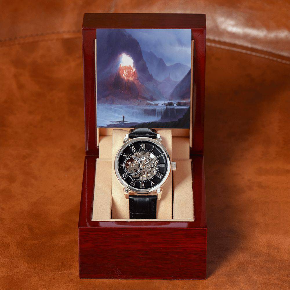 Men's Openwork Watch featuring a skeleton dial and genuine leather strap, elegantly displayed in a luxury mahogany box.