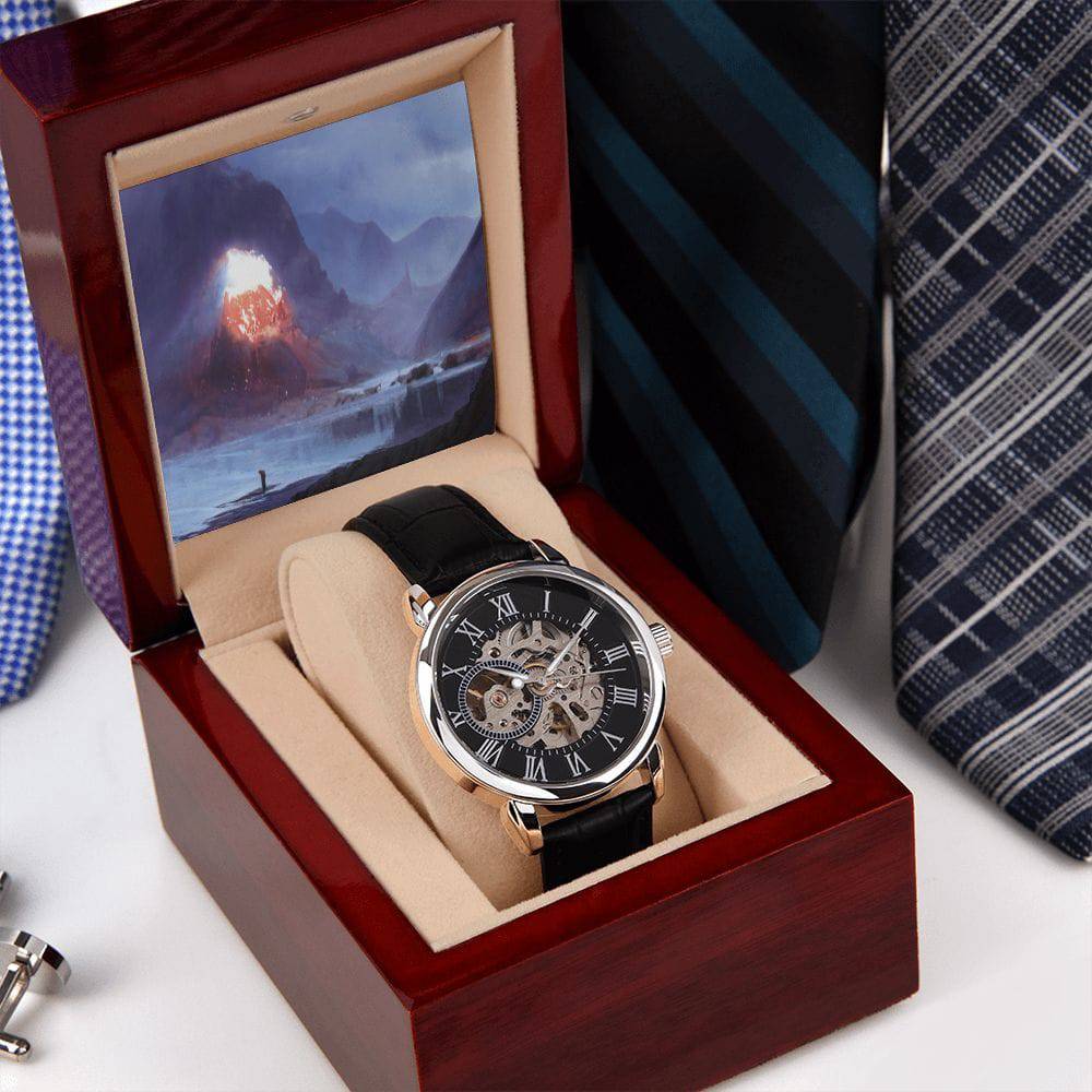 Men's Openwork Watch featuring a skeleton dial and genuine leather strap, elegantly displayed in a luxury mahogany box.