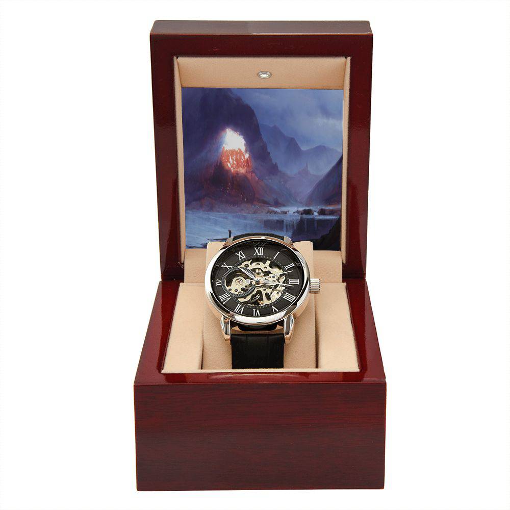 Men's Openwork Watch featuring a skeleton dial and genuine leather strap, elegantly displayed in a luxury mahogany box.