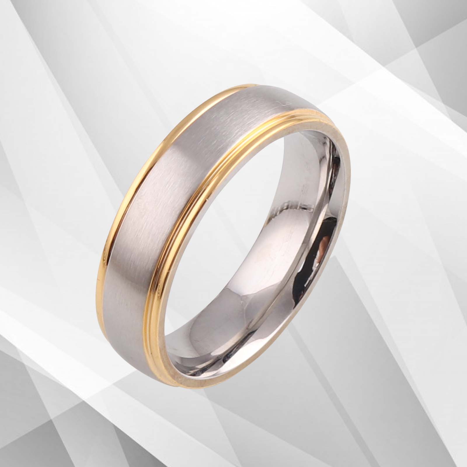 Men's Titanium Engagement Wedding Anniversary Band Ring with 18Ct White Gold and Yellow Gold accents, featuring a brushed finish and comfort fit.