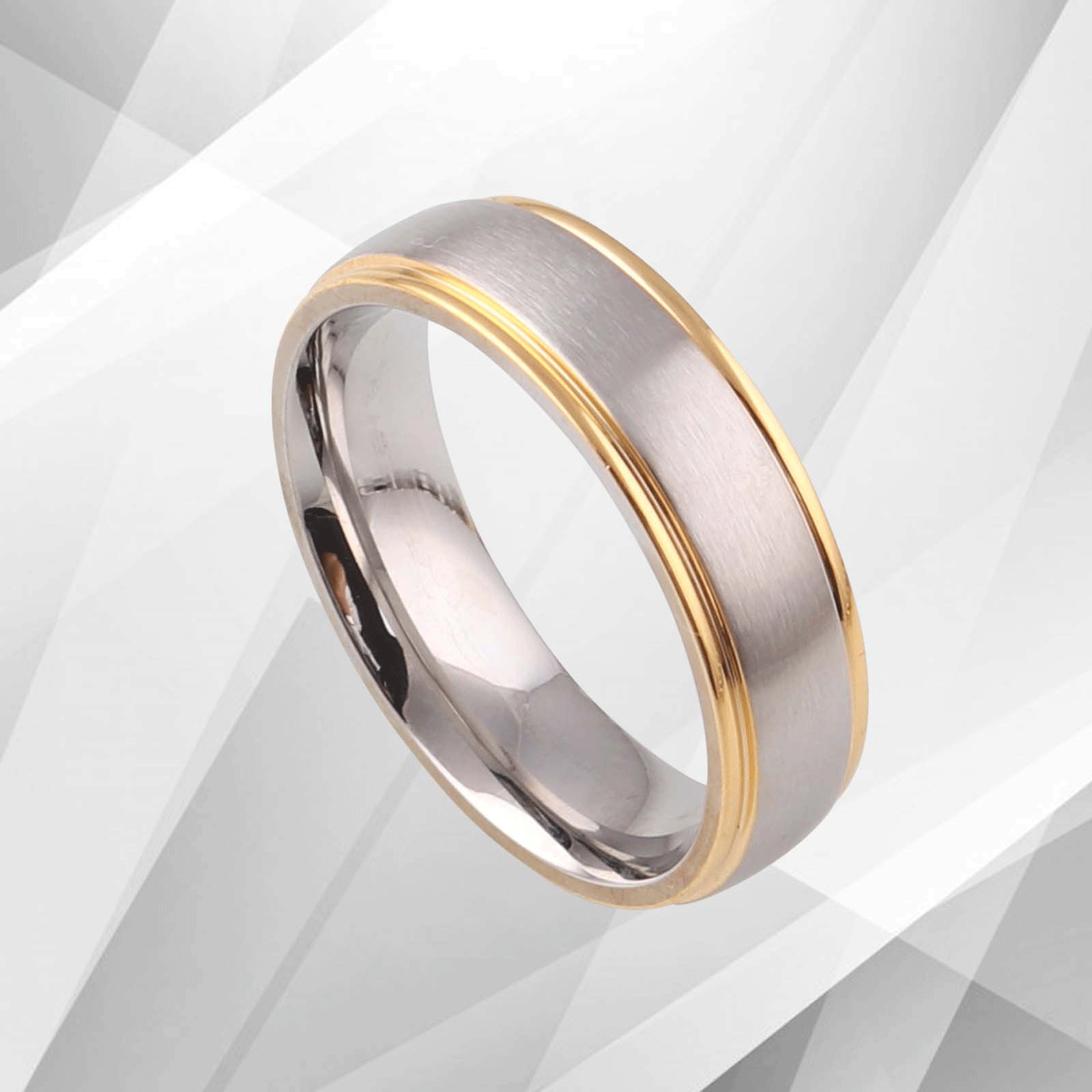 Men's Titanium Engagement Wedding Anniversary Band Ring with 18Ct White Gold and Yellow Gold accents, featuring a brushed finish and comfort fit.