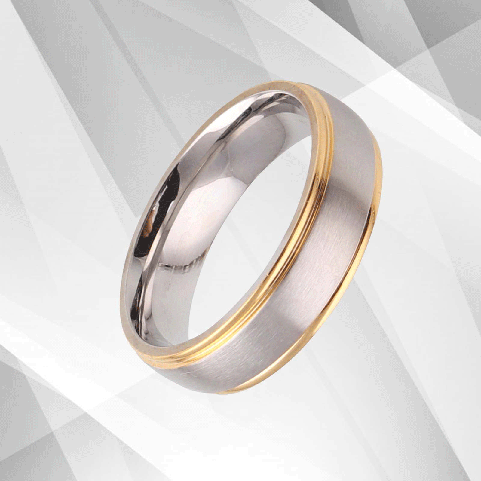 Men's Titanium Engagement Wedding Anniversary Band Ring with 18Ct White Gold and Yellow Gold accents, featuring a brushed finish and comfort fit.