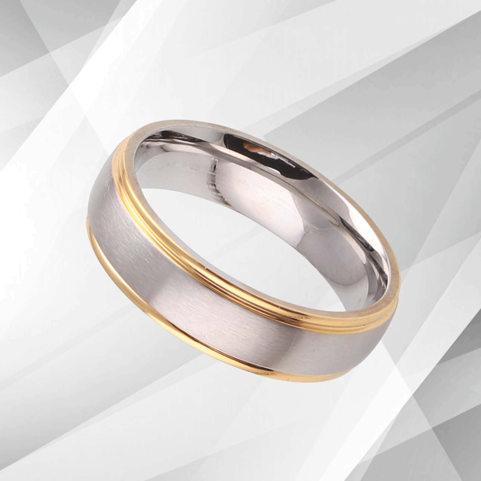 Men's Titanium Engagement Wedding Anniversary Band Ring with 18Ct White Gold and Yellow Gold accents, featuring a brushed finish and comfort fit.