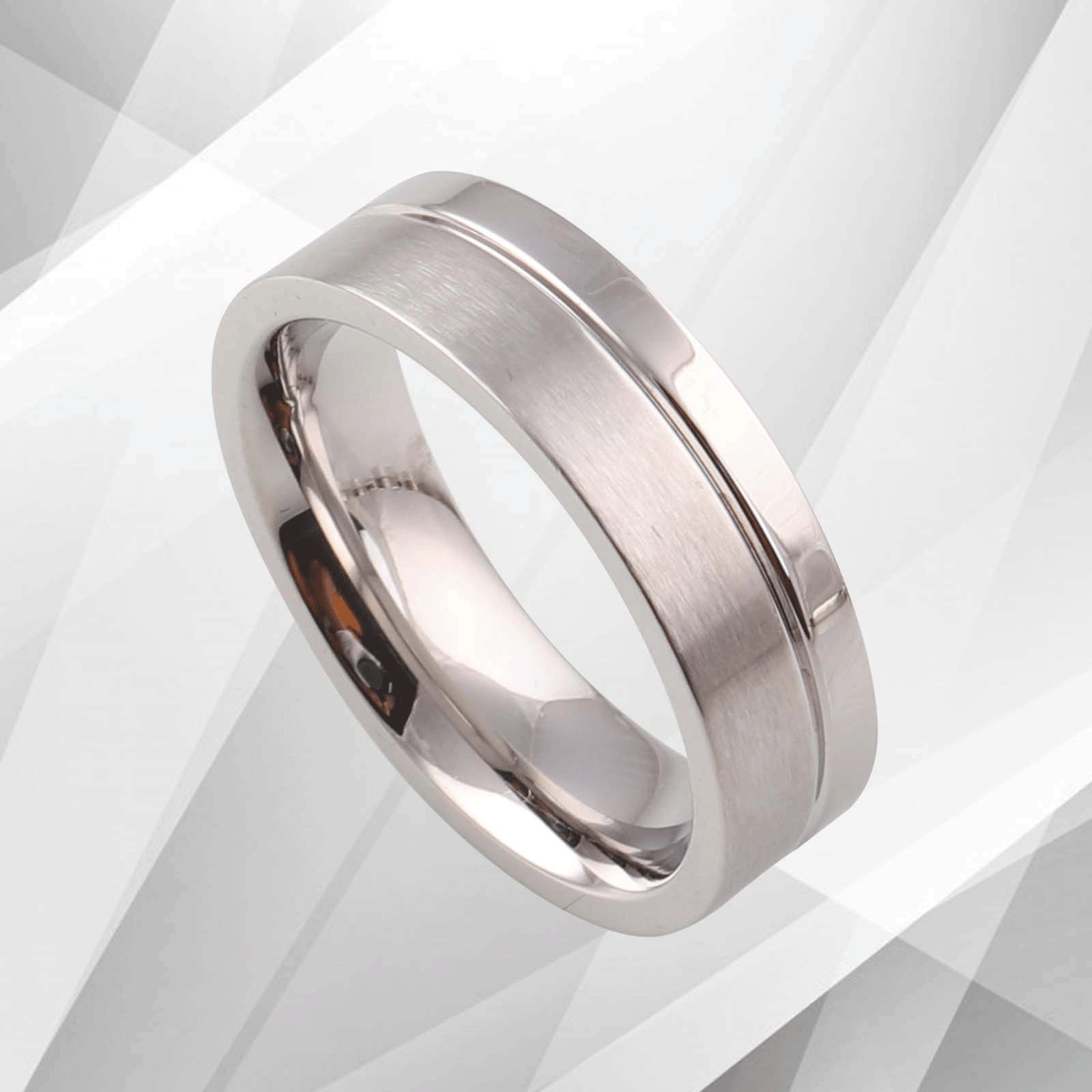 Men's Titanium Flat Shape Wedding Engagement Band Ring with 18Ct White Gold finish, showcasing a 6mm wide flat-court design.