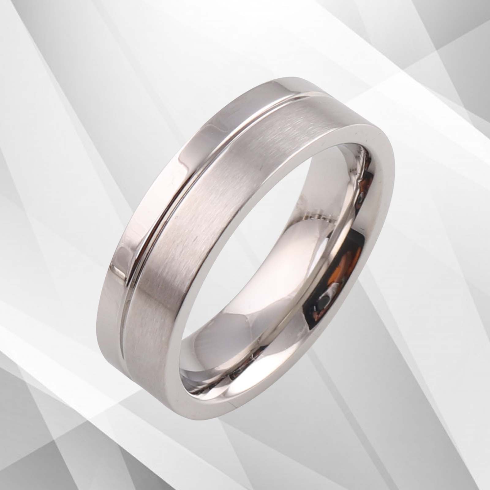 Men's Titanium Flat Shape Wedding Engagement Band Ring with 18Ct White Gold finish, showcasing a 6mm wide flat-court design.