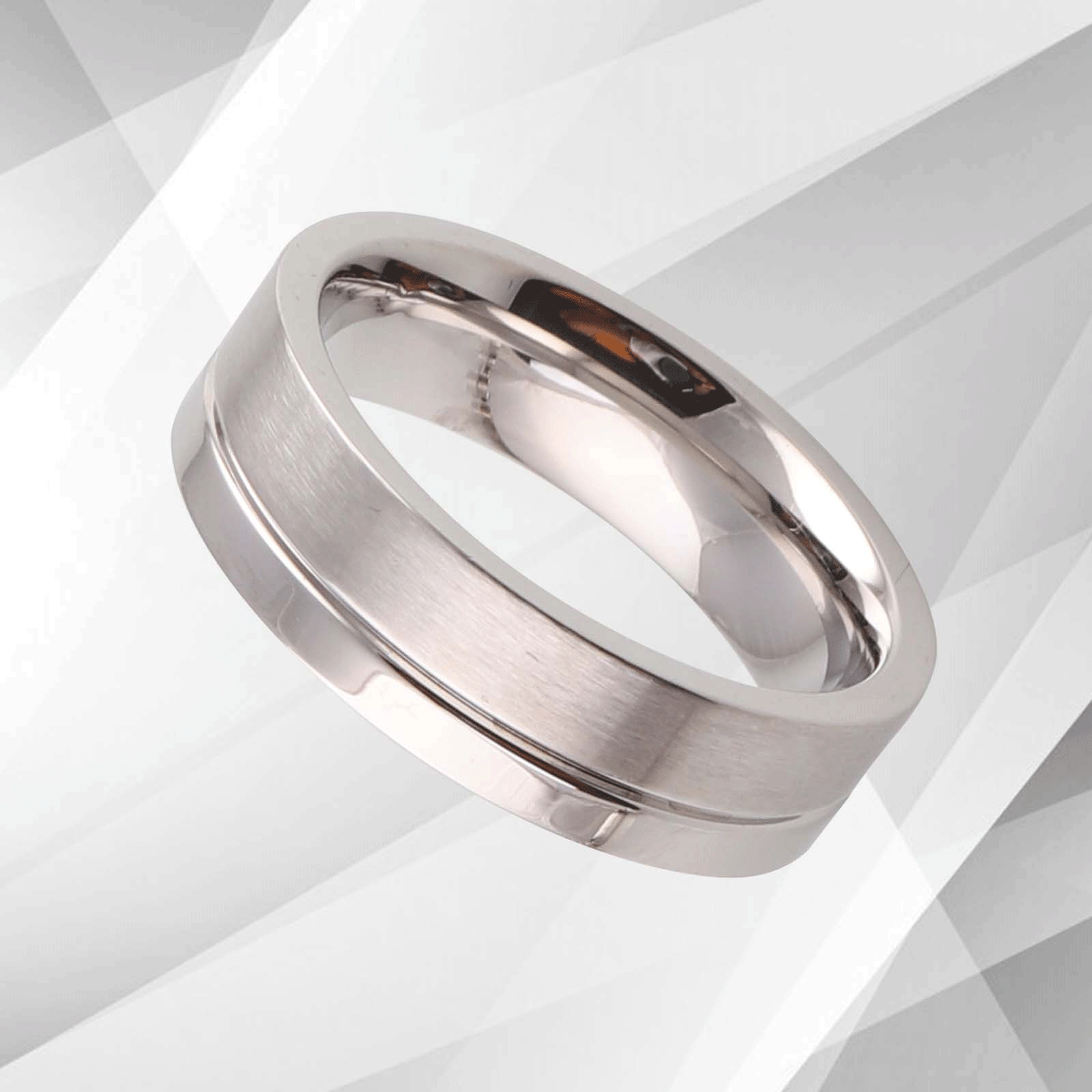 Men's Titanium Flat Shape Wedding Engagement Band Ring with 18Ct White Gold finish, showcasing a 6mm wide flat-court design.