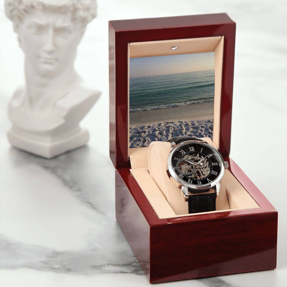 Men's Watch for Greatness featuring a skeleton dial and genuine leather strap, elegantly displayed in a luxury box.