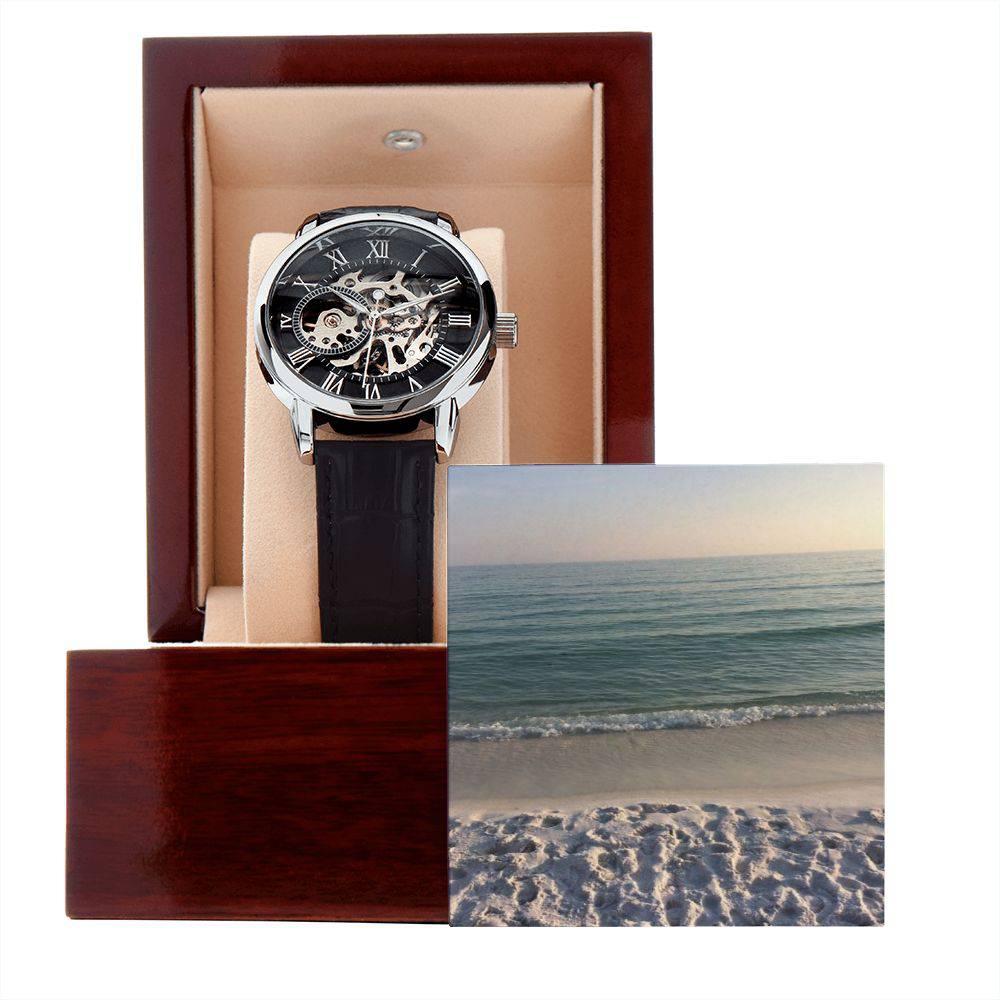 Men's Watch for Greatness featuring a skeleton dial and genuine leather strap, elegantly displayed in a luxury box.