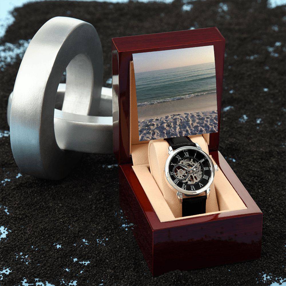 Men's Watch for Greatness featuring a skeleton dial and genuine leather strap, elegantly displayed in a luxury box.