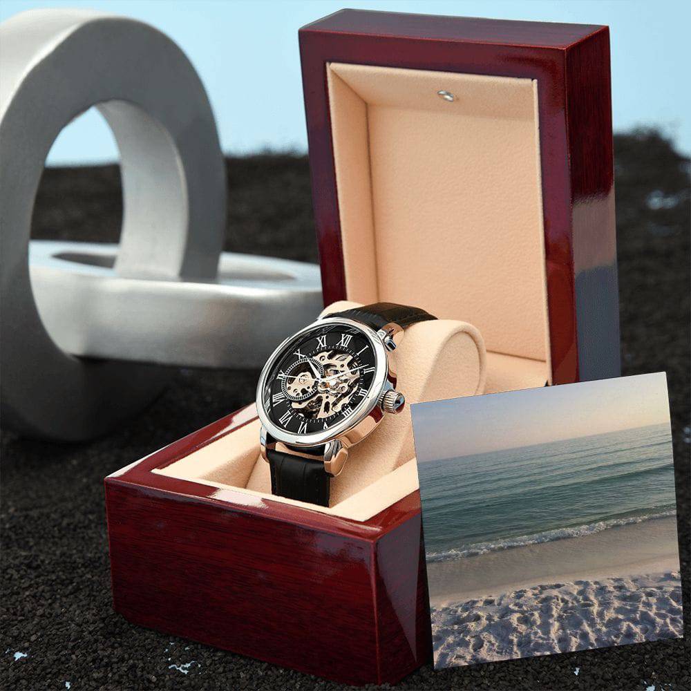 Men's Watch for Greatness featuring a skeleton dial and genuine leather strap, elegantly displayed in a luxury box.