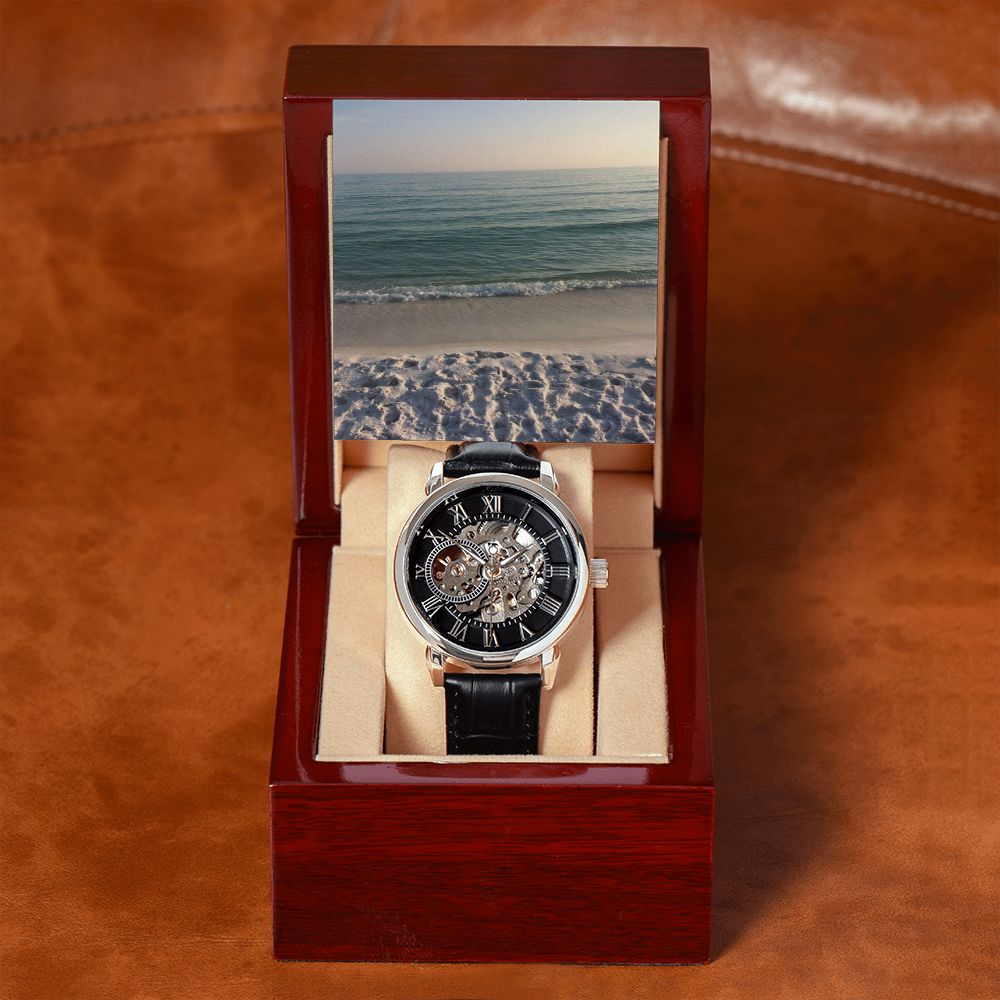 Men's Watch for Greatness featuring a skeleton dial and genuine leather strap, elegantly displayed in a luxury box.