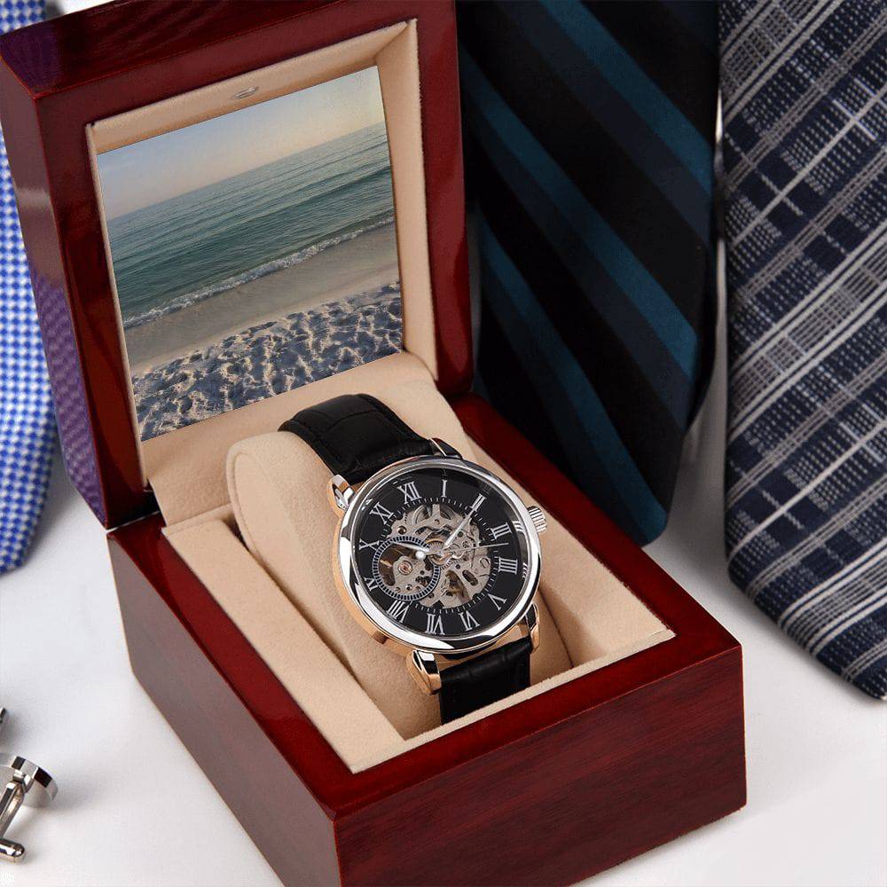 Men's Watch for Greatness featuring a skeleton dial and genuine leather strap, elegantly displayed in a luxury box.