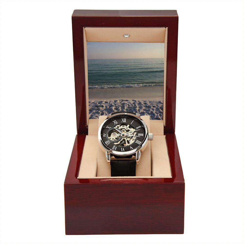 Men's Watch for Greatness featuring a skeleton dial and genuine leather strap, elegantly displayed in a luxury box.