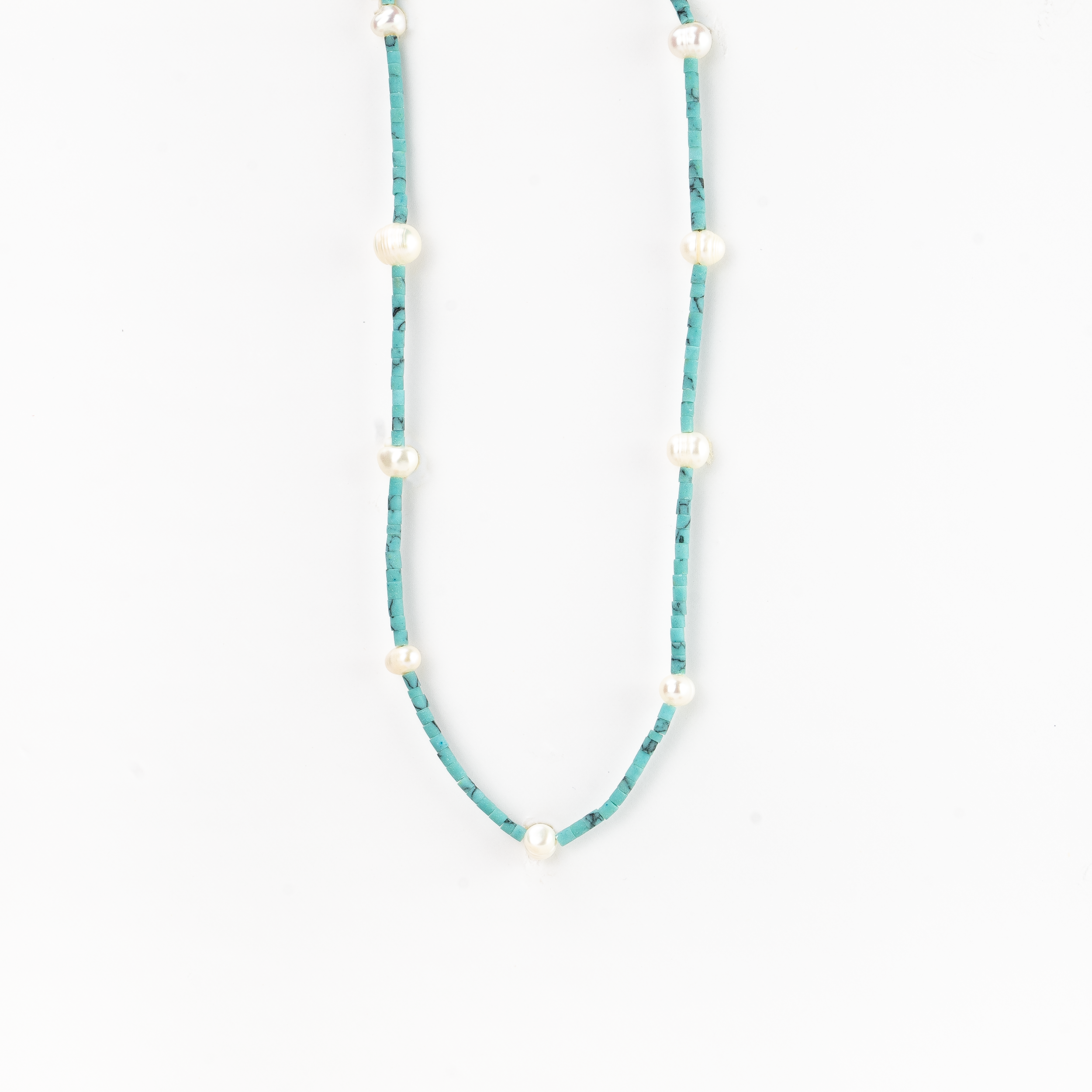 Meribella Pearl Choker Necklace featuring real freshwater pearls and Afghan turquoise beads, elegantly designed with a silver-plated fastening.