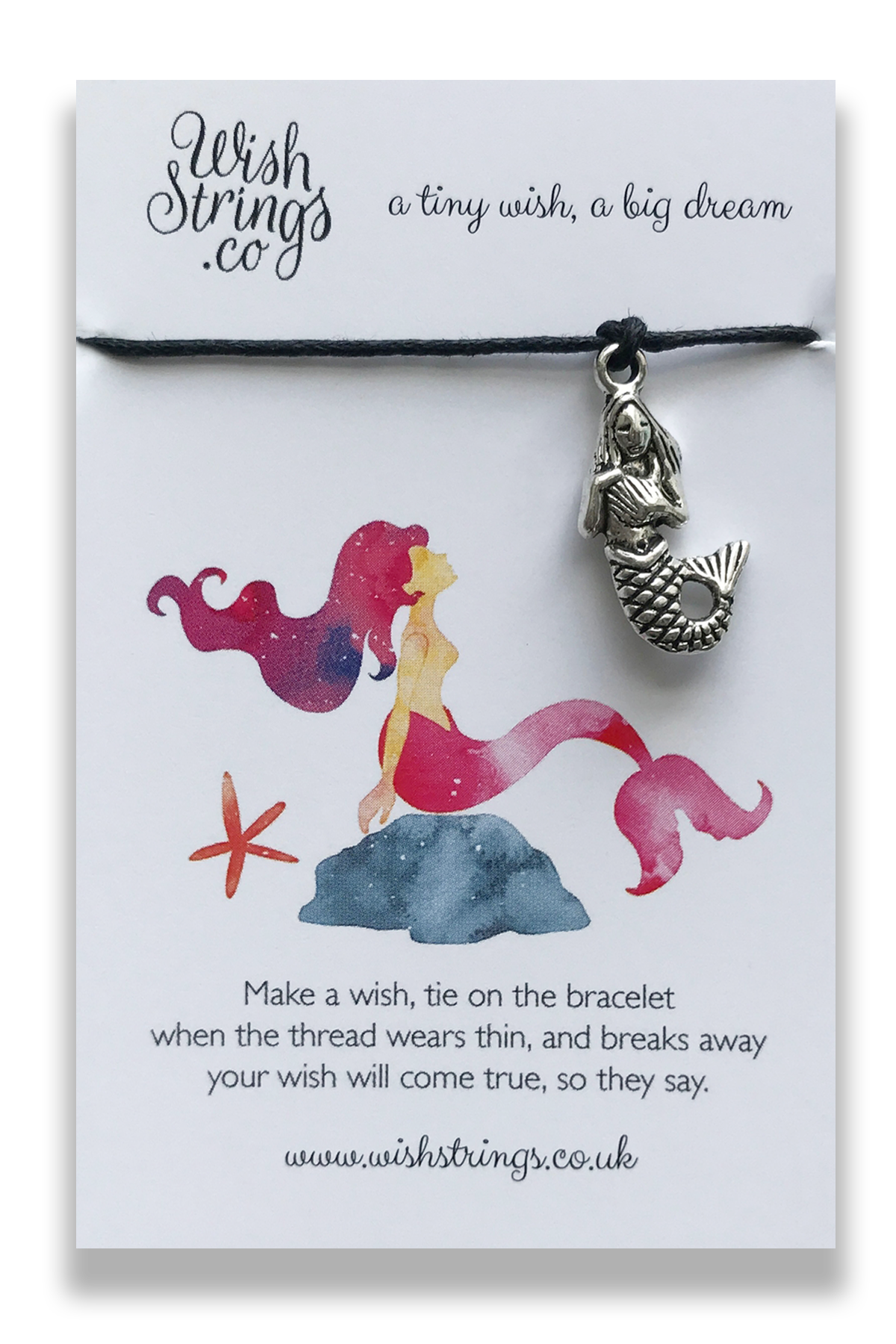 MERMAID WishStrings Wish Bracelet featuring a Tibetan Silver charm on a waxed cotton cord, beautifully presented on a luxury display card.