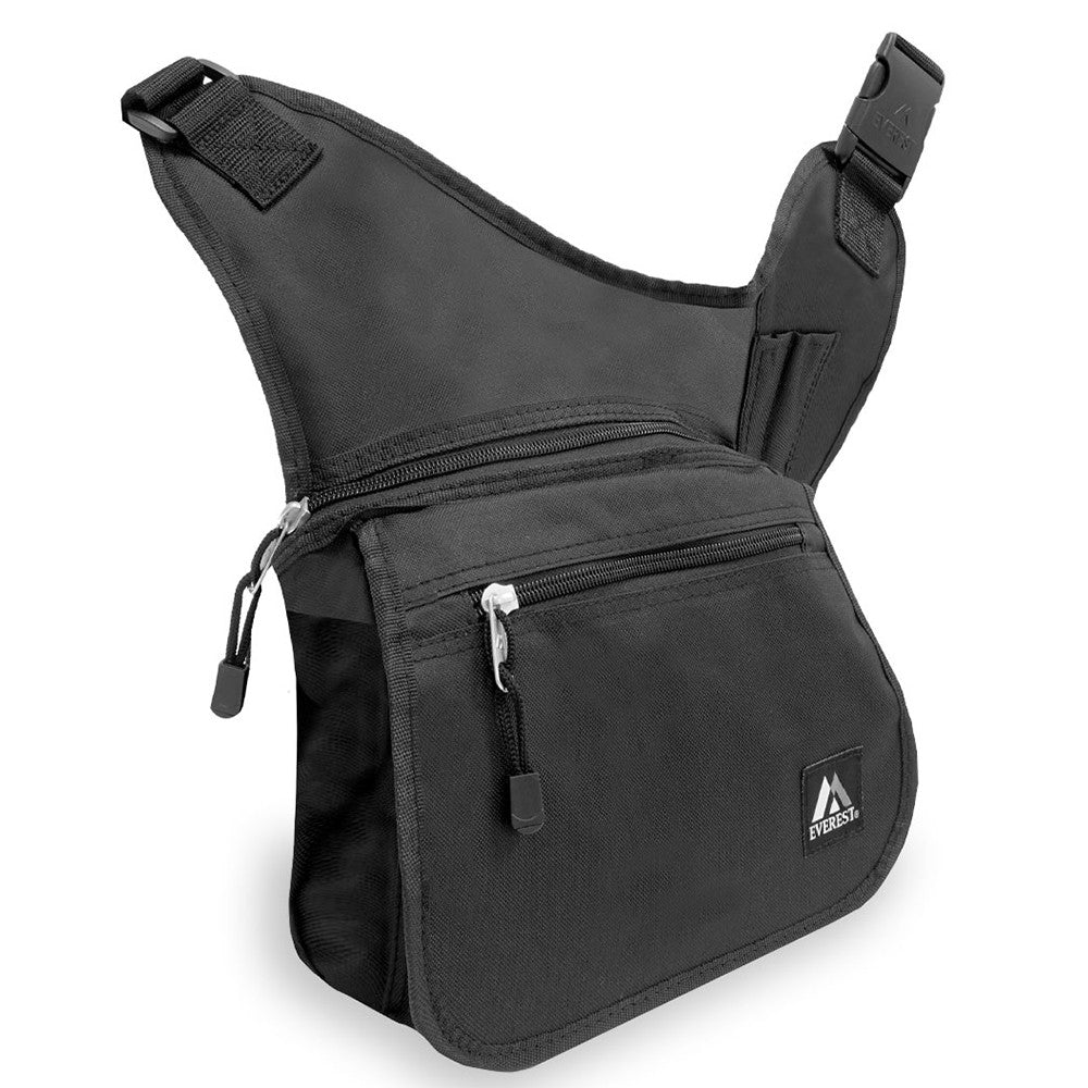 Medium messenger bag made of durable 600D polyester, featuring a large main compartment, zippered pockets, and an adjustable padded strap.