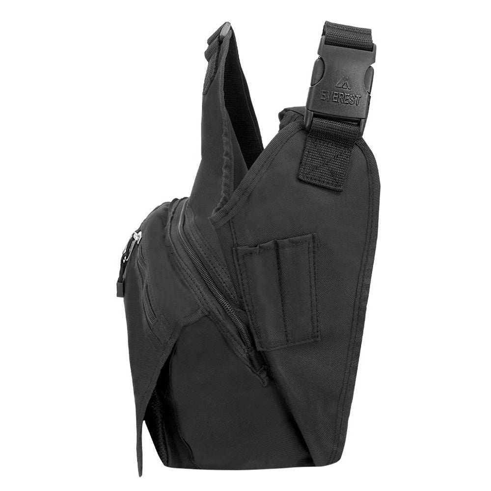 Medium messenger bag made of durable 600D polyester, featuring a large main compartment, zippered pockets, and an adjustable padded strap.