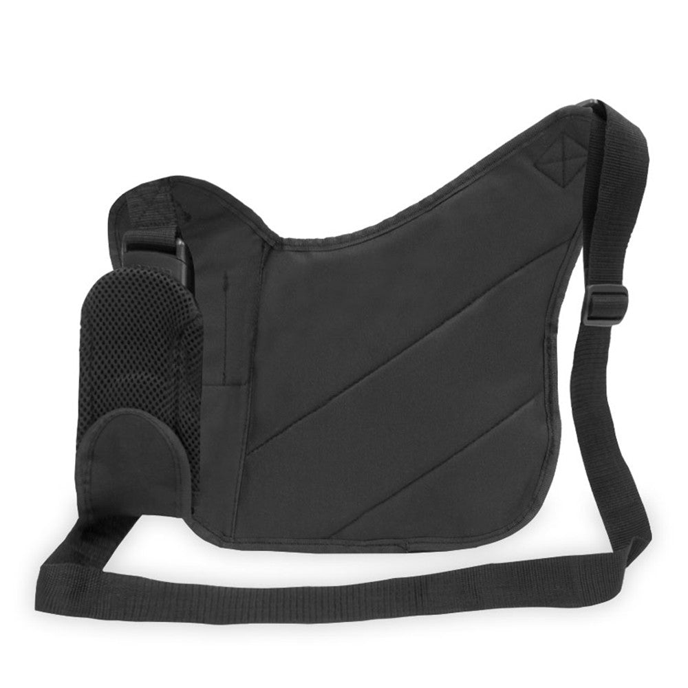 Medium messenger bag made of durable 600D polyester, featuring a large main compartment, zippered pockets, and an adjustable padded strap.