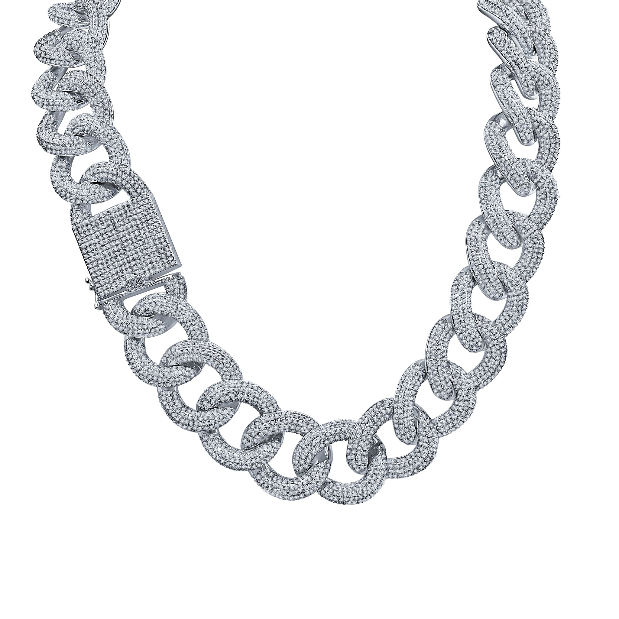 MESMERIC Miami Cuban chain featuring a high-profile design with hand-set Grade AAA cubic zirconia, crafted from durable brass metal.