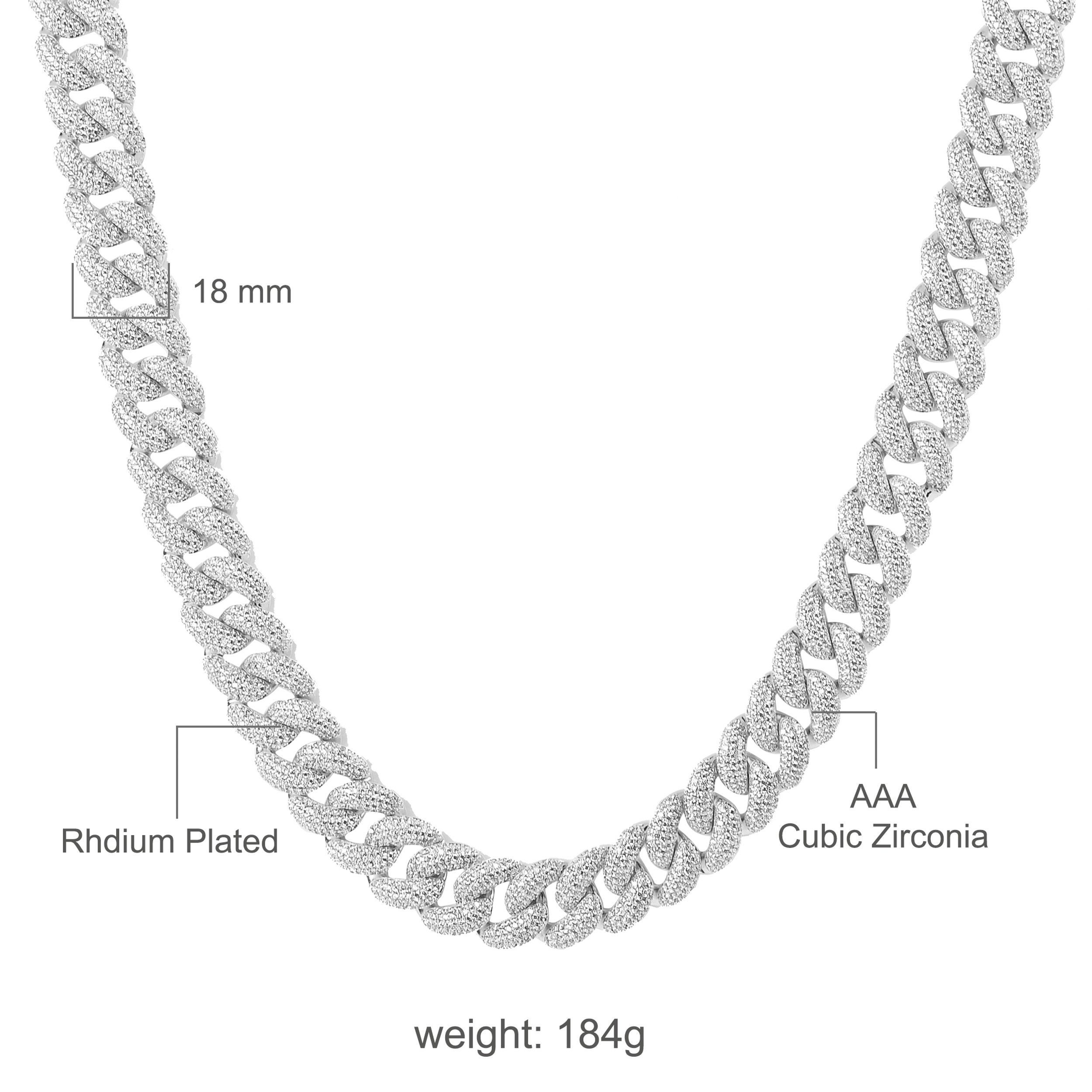 MESMERIC Miami Cuban chain featuring a high-profile design with hand-set Grade AAA cubic zirconia, crafted from durable brass metal.