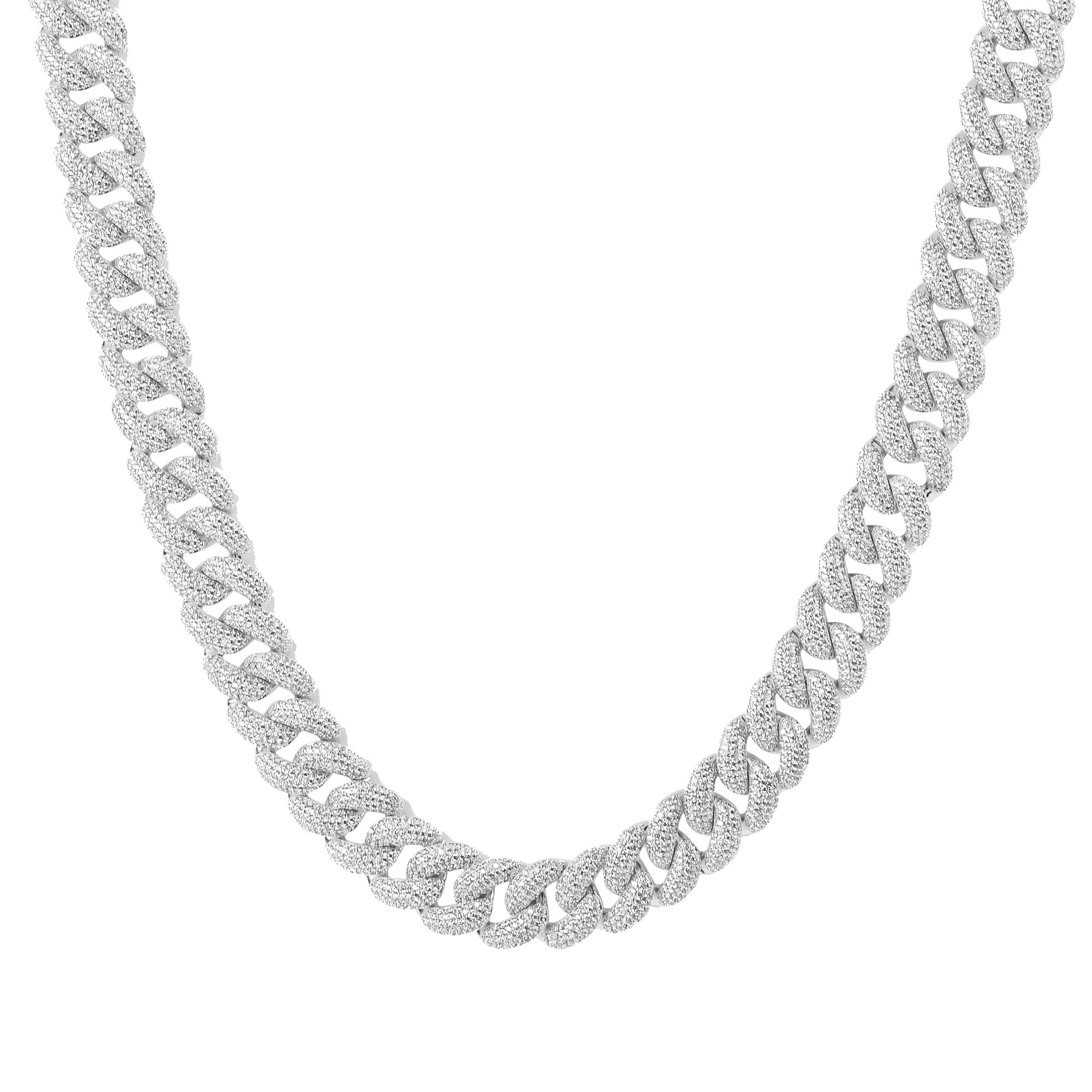 MESMERIC Miami Cuban chain featuring a high-profile design with hand-set Grade AAA cubic zirconia, crafted from durable brass metal.