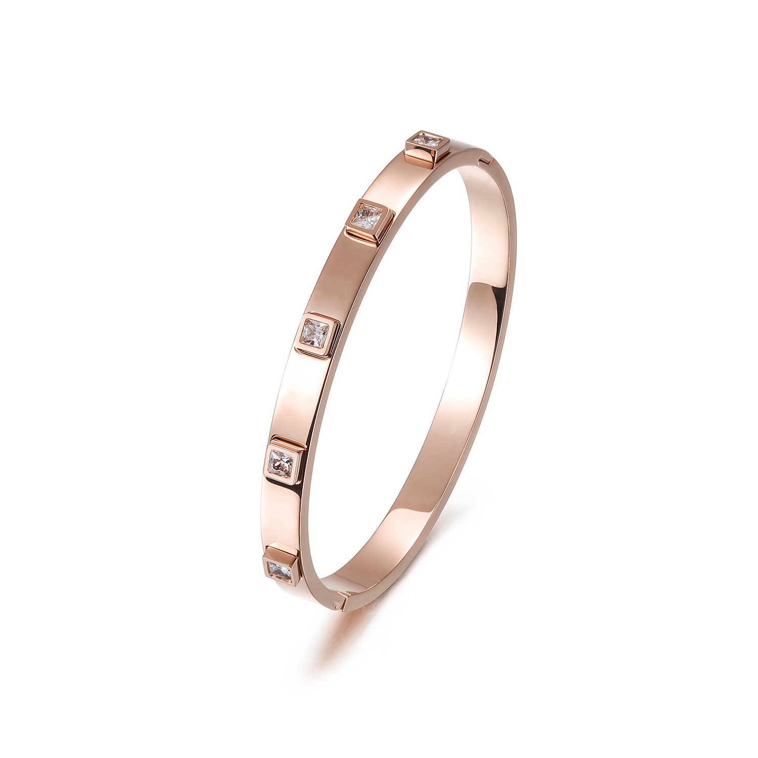 A stylish Metal Stone Hinged Bangle made of 316L surgical stainless steel with 14K gold PVD plating, showcasing its elegant design.