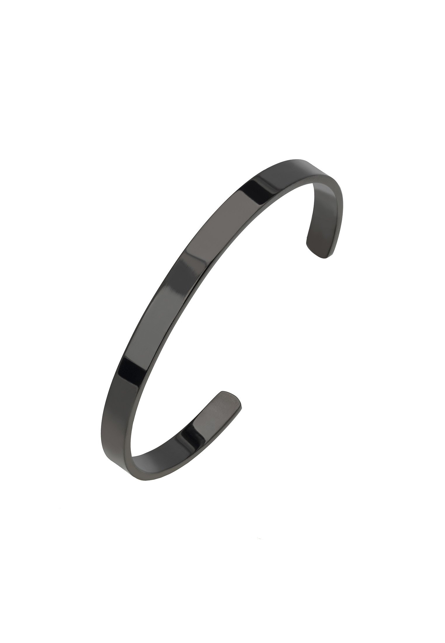 A sleek metallic cuff in oxidised black stainless steel, showcasing a minimalist design perfect for stacking or solo wear.