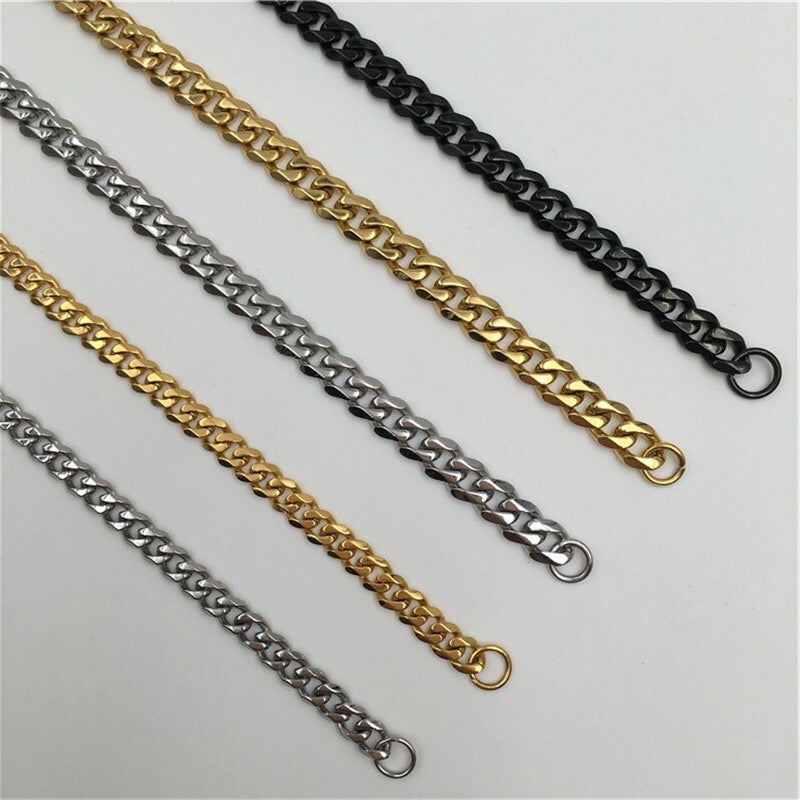 A stylish Miami Cuban chain necklace made of titanium steel, showcasing its shiny finish and available in various widths.