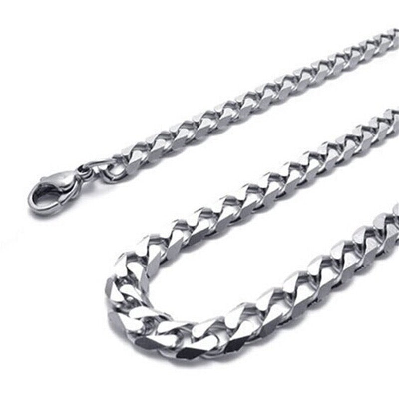 A stylish Miami Cuban chain necklace made of titanium steel, showcasing its shiny finish and available in various widths.