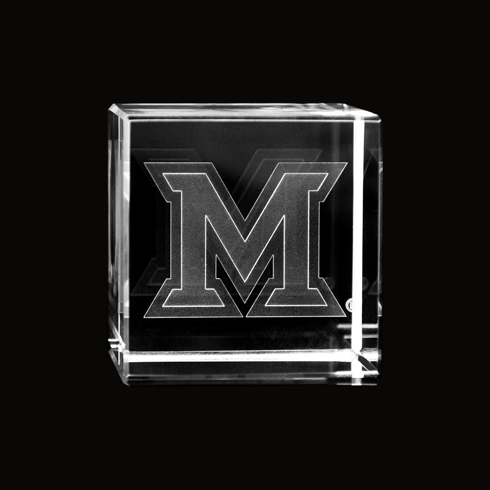 Miami Ohio Crystal Cube featuring Redhawks logo, illuminated and showcasing sharp cut angles.