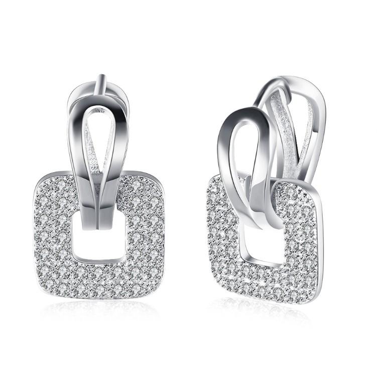 Micro-Pav'e Austrian Crystal Square Shaped Earrings set in 18K White gold plating, showcasing their elegant design and sparkling crystals.