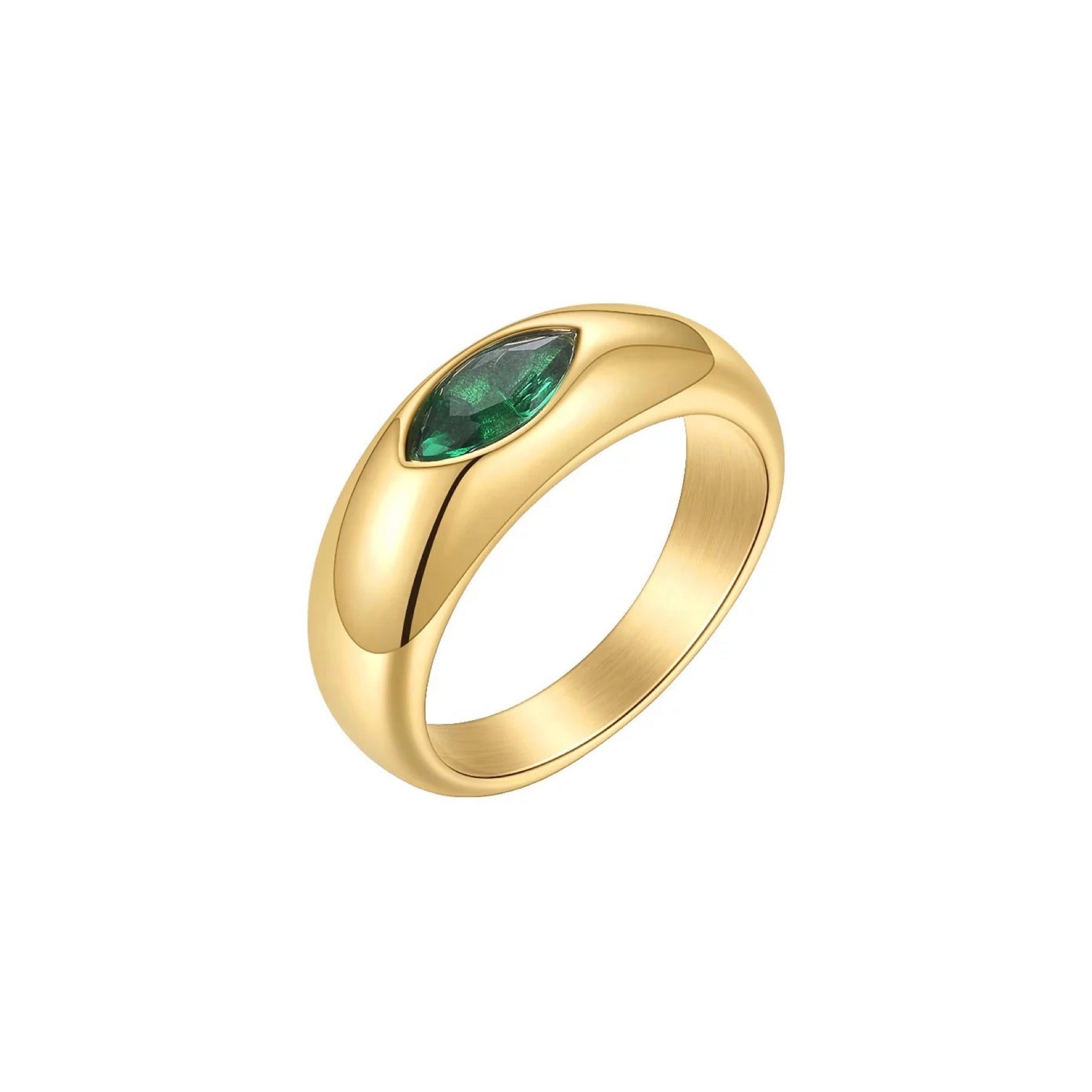 Mila Emerald Ring featuring 18k gold plating and sparkling CZ stones, showcasing a vibrant emerald color and elegant design.