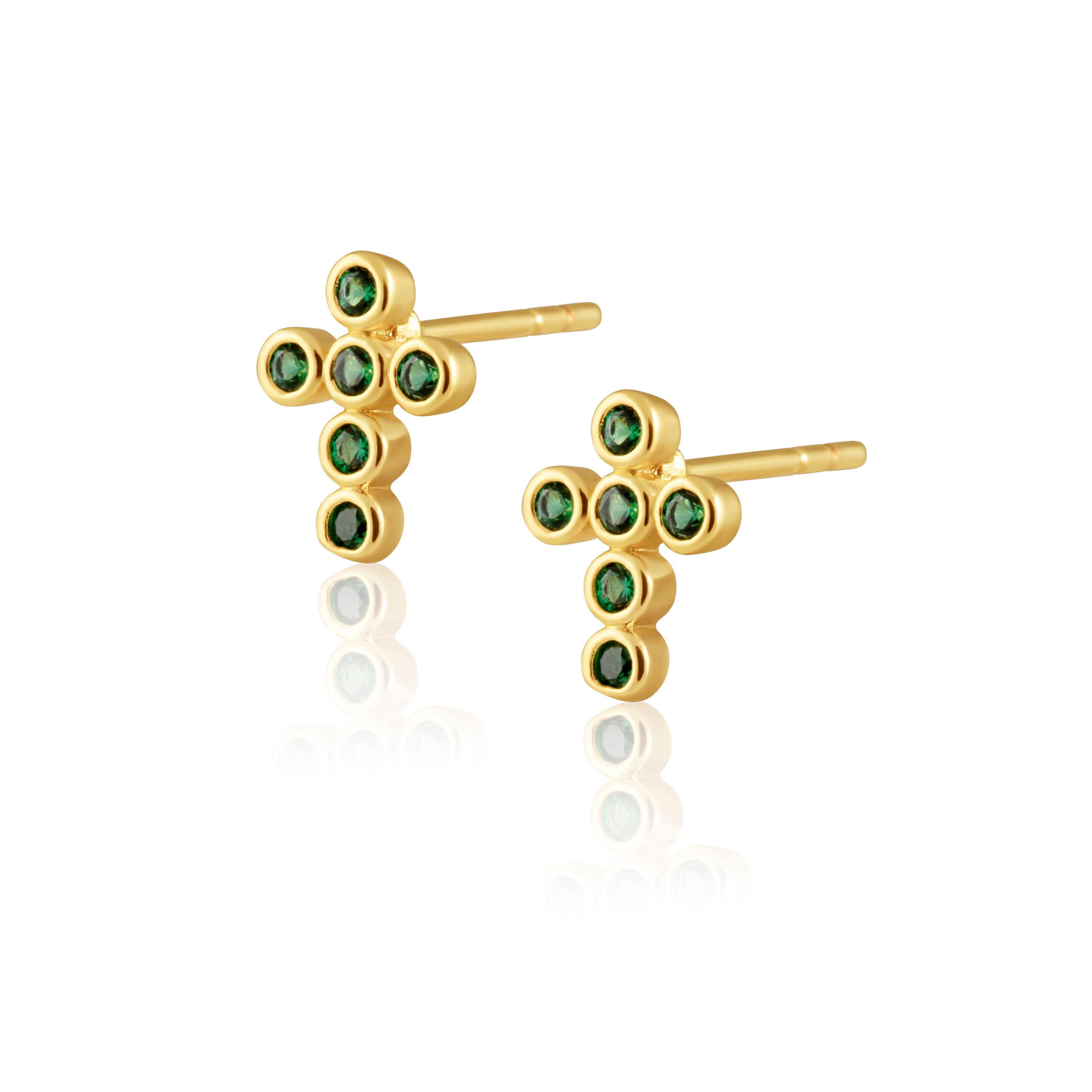 Mimi Cross Studs featuring emerald cz stones, elegantly designed in 18k gold over stainless steel.